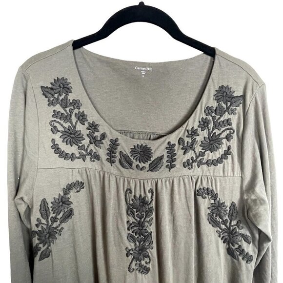 Garnet Hill Olive Green Embroidered Floral‎ 3/4 Sleeve Tunic Top Size M - Picture 3 of 7